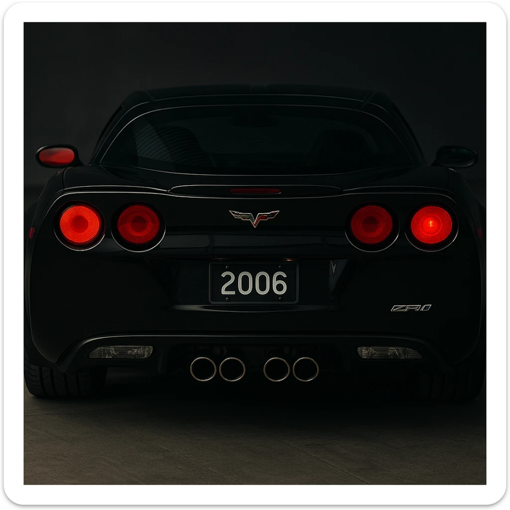 a black 2006 Chevrolet Corvette C6 ZR1 with a red headlight, detailed, sporty, rear view sticker
