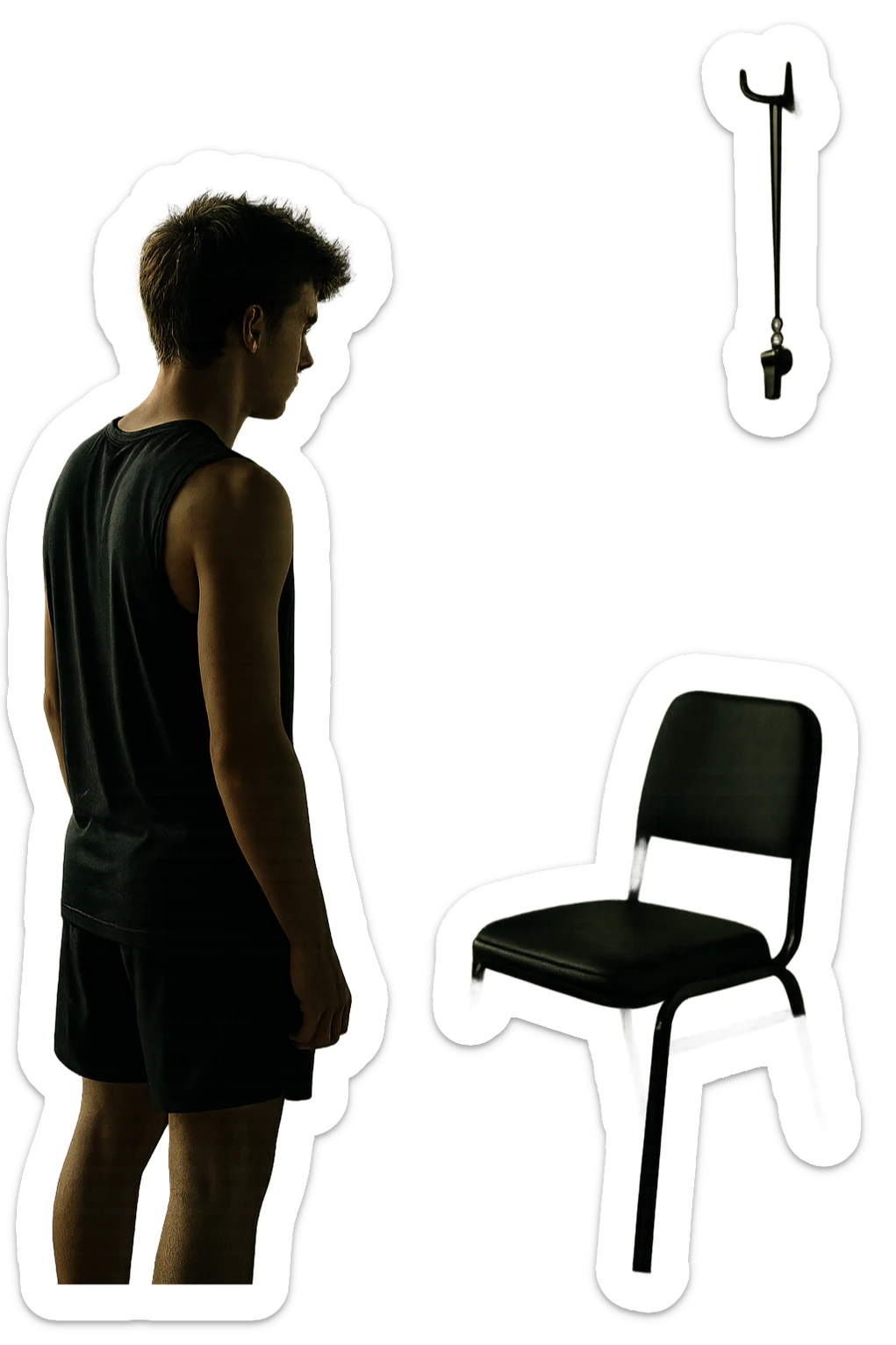 cinematic a person stands alone on a running track or in a fitness studio, glancing toward an empty coach’s chair or whistle hanging on a hook. The absence of the coach is emphasized by a faint, transparent silhouette or shadow where the coach should be. The atmosphere is quiet and a bit disheartened. in italiano sticker