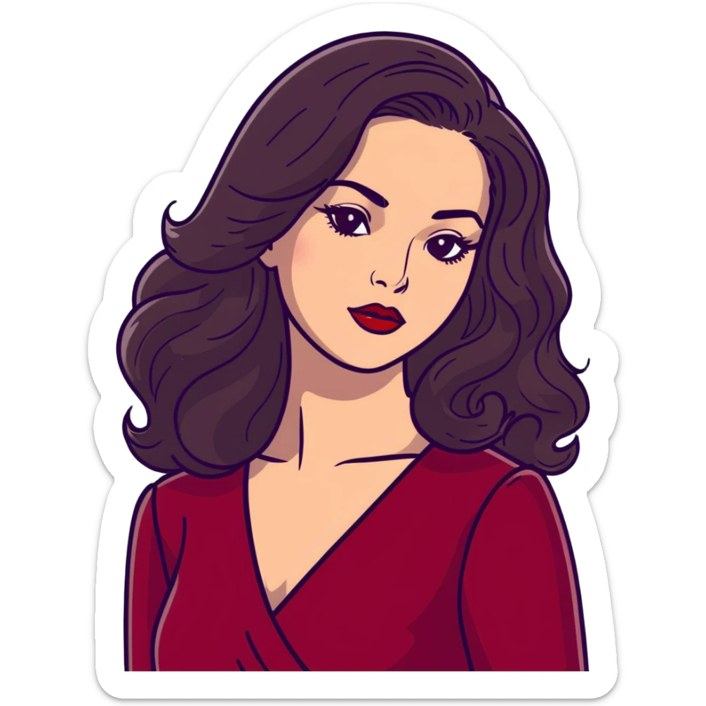 High-profile artistic woman with radiant complexion, long voluminous dark hair with soft waves, large almond eyes with bold eyeliner, defined brows, glamorous red lipstick, wearing sophisticated wine red velvet dress with V-neckline, elegant confident expression sticker