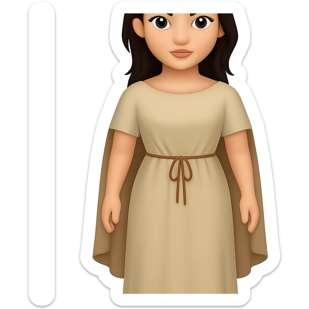 Create a fullbody view of a character in the style and proportions of the reference image. The character should wear a plain light tan dress, have dark hair, and wear a light tan cape like in the reference image. The style is emoji style with a transparent background. sticker