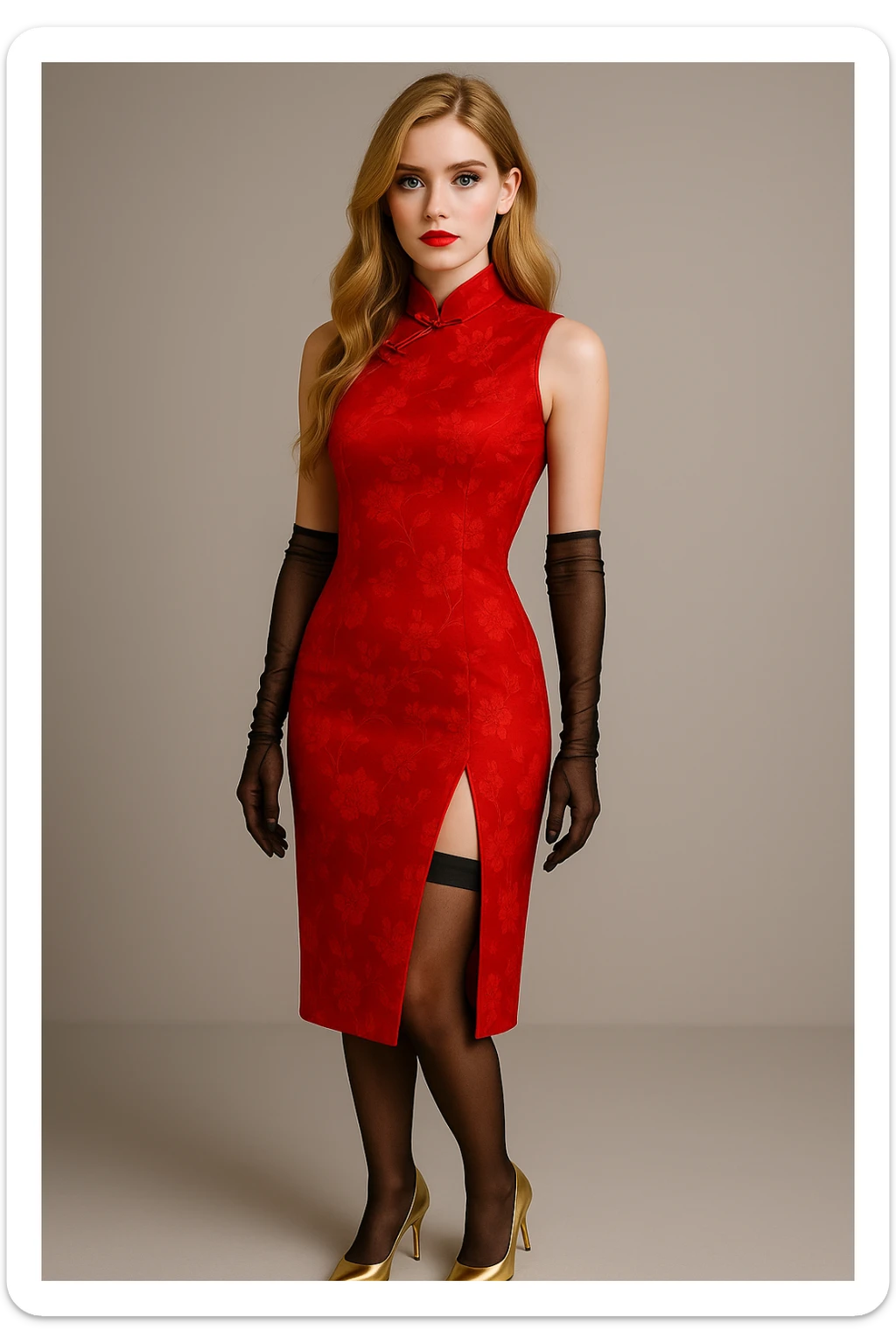 Change the qipao to a vibrant red color with delicate floral embroidery, keeping all other details the same: Blonde, blue-eyed Nordic girl, long wavy hair, black transparent gloves and stockings, gold high heels, graceful and stylish. Preserve the original details and elegance. sticker