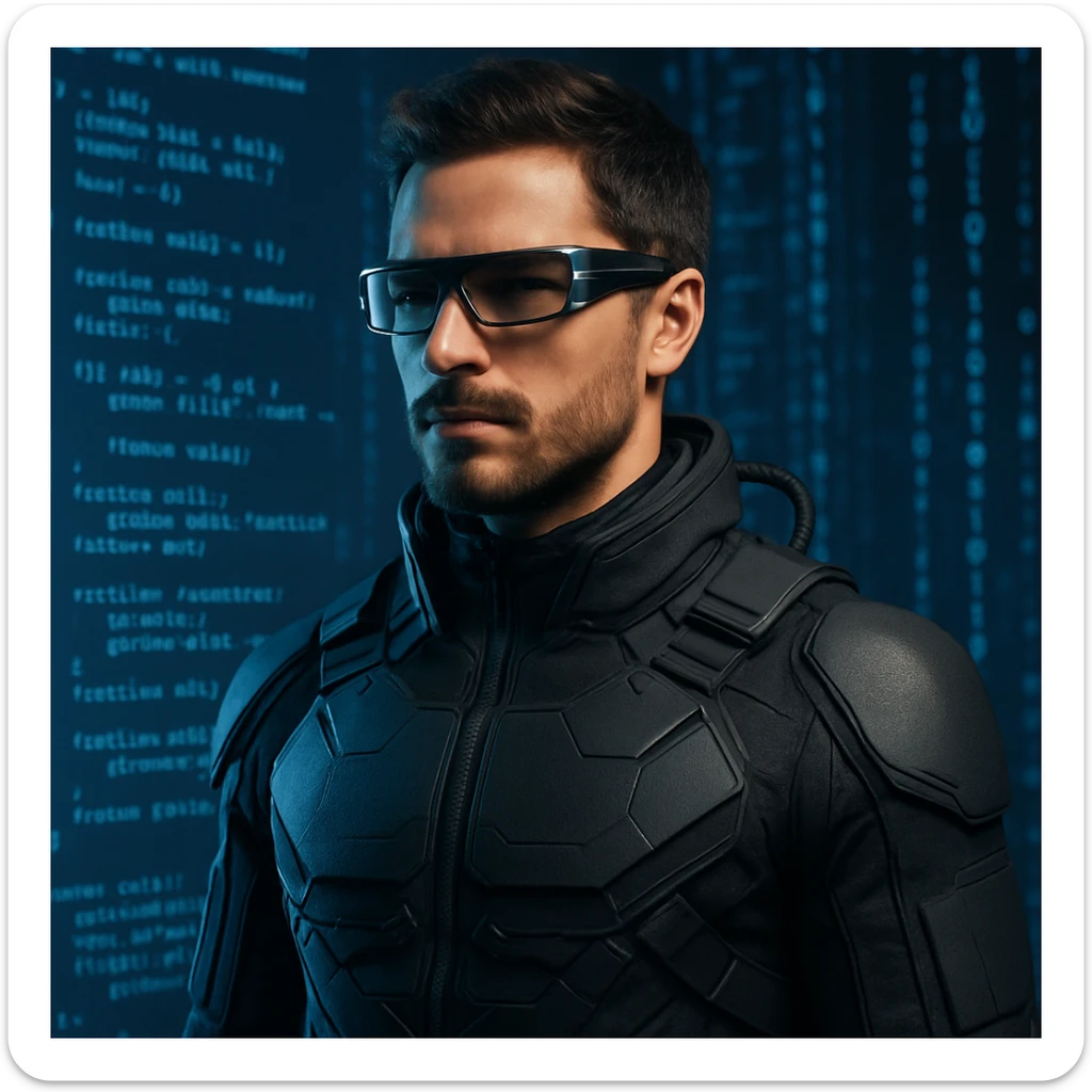 a male AI technology expert wearing futuristic tech clothing and smart glasses, with a background featuring digital code elements, strong modern vibe sticker