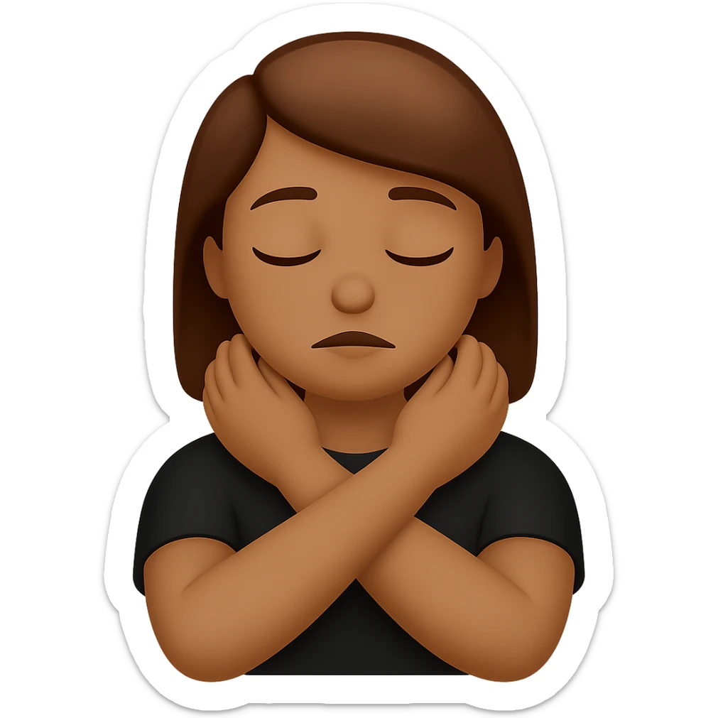 Change hair to brunette, keep arms crossed holding neck, eyes closed, preserve transparent background. sticker