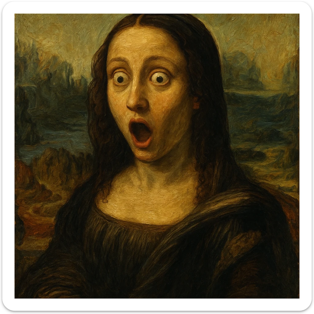 Mona Lisa in an oil painting style, surprised and wide-eyed expression, rich textures and brushstrokes sticker