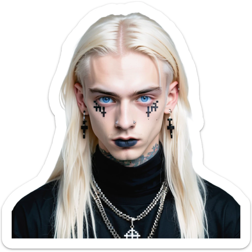 boy with long light blonde hair, dark blue eyes, multiple facial piercings (septum, nose bridge, anti eyebrow, eyebrow), wearing all black sticker