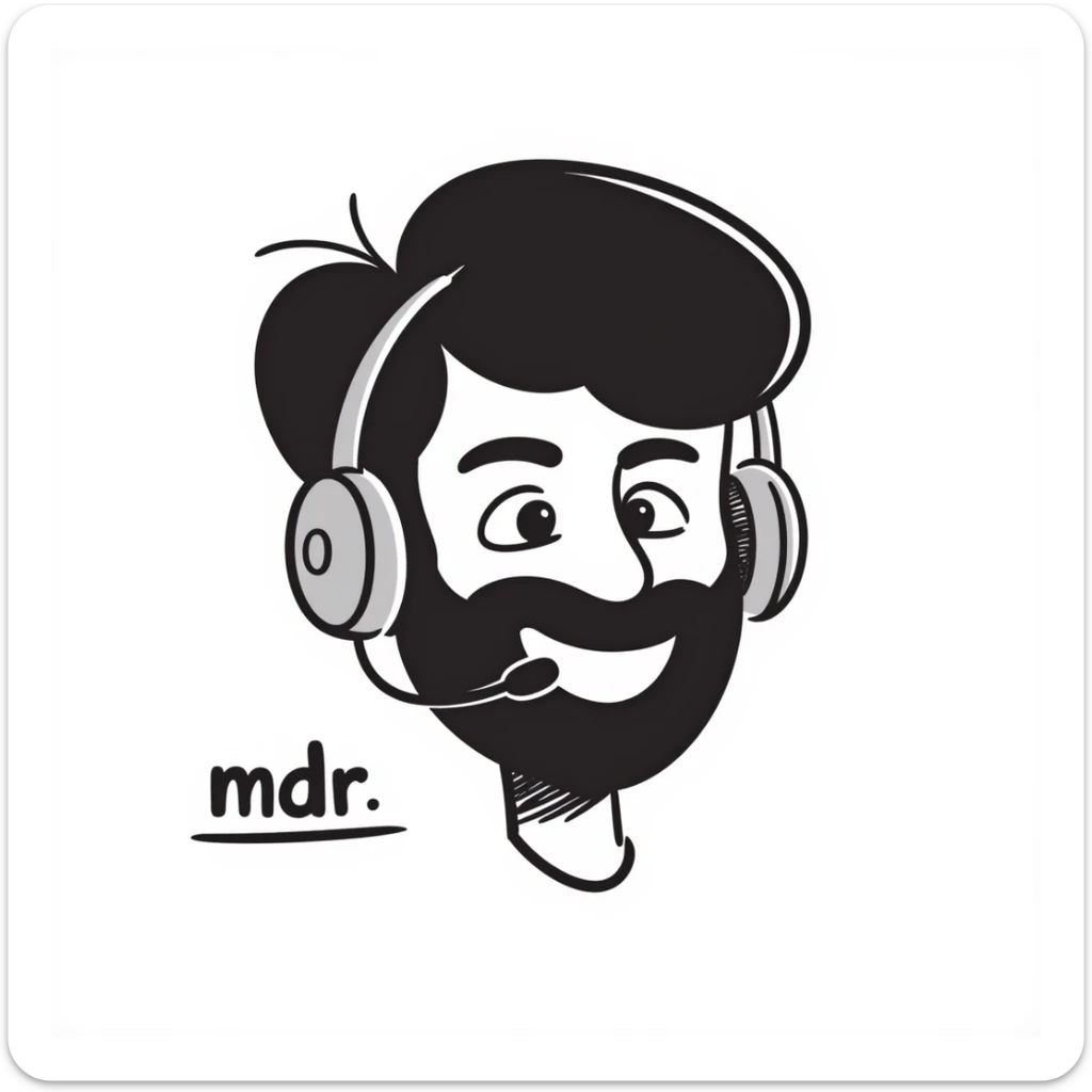 a person with black hair, brown eyes, and a black beard wearing a gaming headset saying "mdr" sticker