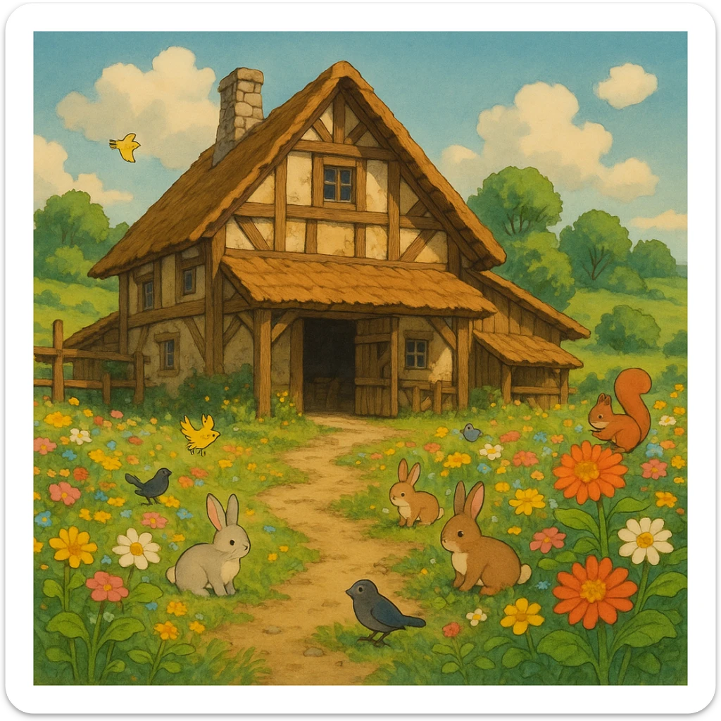 medieval farm ghibli style, wooden chalet, flower garden, cute animals, soft light sticker