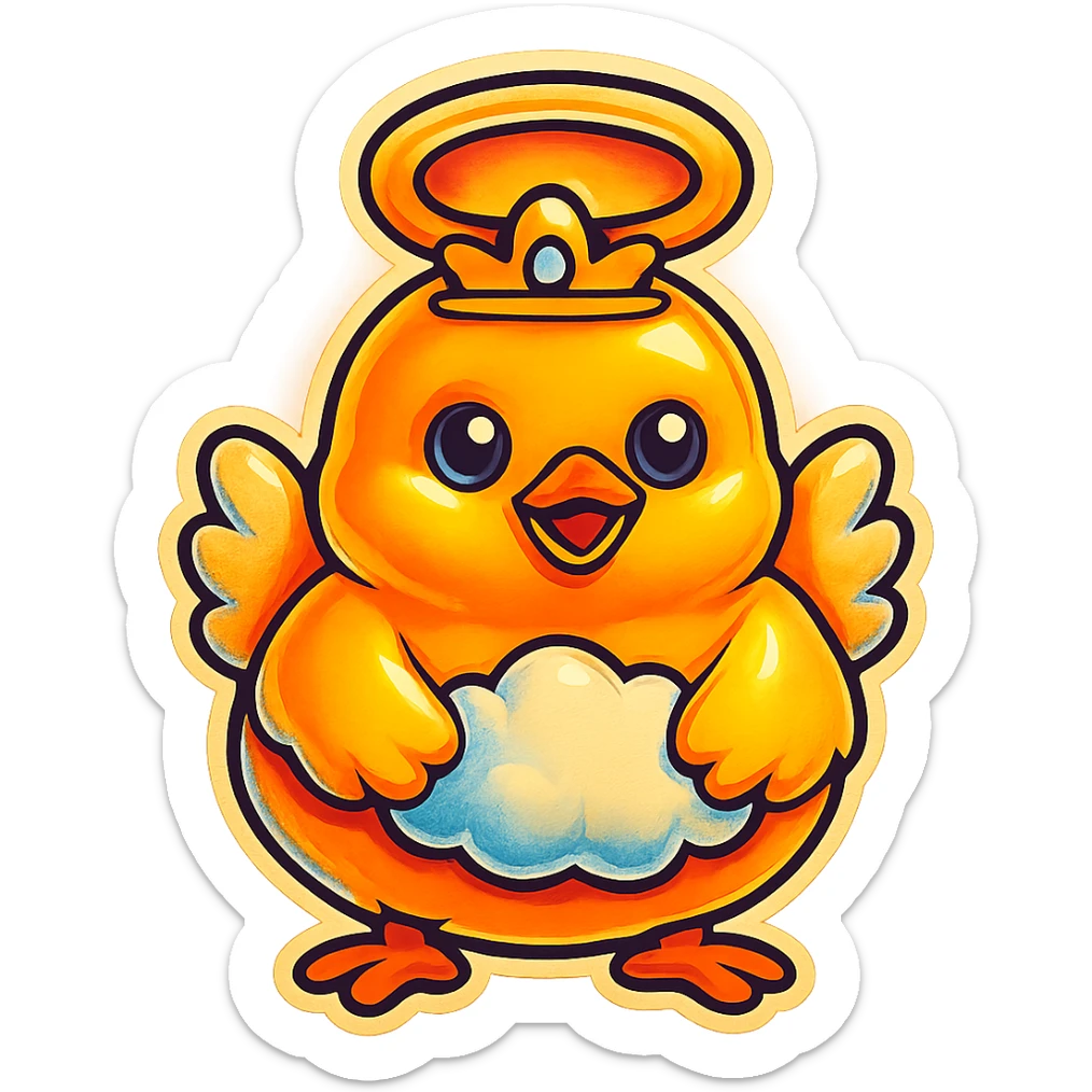 Make the halo much bigger and floating high above the baby chick's head, like a saint, keep the style and transparent background. sticker