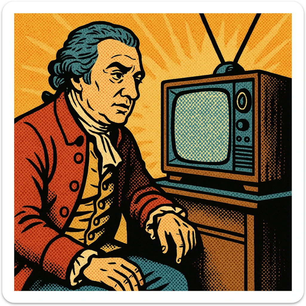 A picture of 1700s surgeon john hunter watching an old 1980s TV set sticker