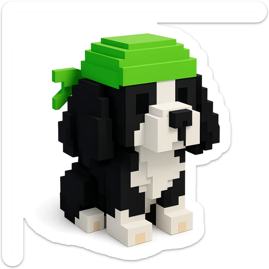 A black and white Russian Cocker Spaniel puppy wearing a green durag, voxel style, sitting sticker