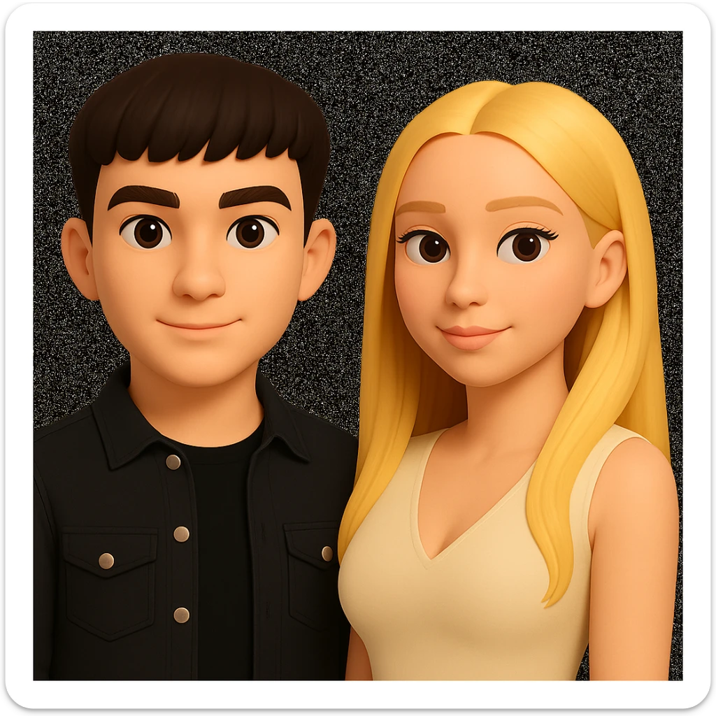 Slightly increase the volume of the upper body of the girl, separate the girl and the boy from each other, and make the skin color the same for both. Preserve the cartoonish 3D style in the edit. sticker