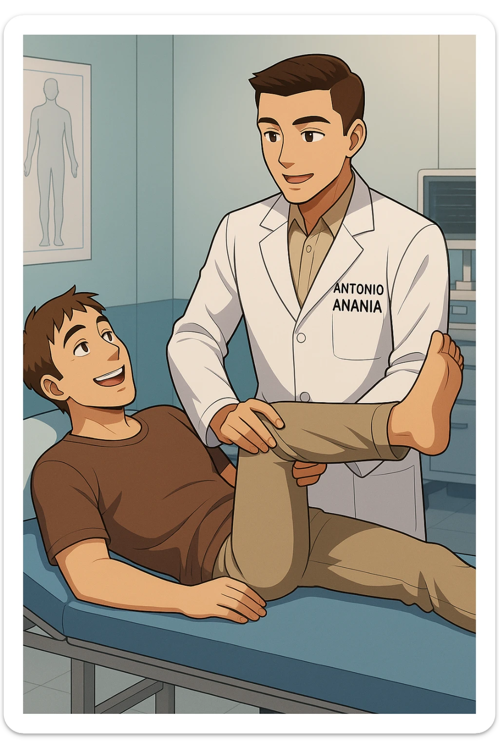 fai un webtoon manga a colori con questo stile, in cui un uomo è steso sul lettino medico e il kinesiologo con il camice bianco (fagli anche la scritta "ANTONIO ANANIA" SUL CAMICE, gli solleva una gamba per fargli il test neuromuscolare, IL KINESIOLOGO SPIEGA ALL'UOMO UNA cosa mentre gli alza la gamba. l'espressione dell'uomo è felice e soddisfatta, non fare i fumetti però, fai solo in modo che sembri stiano parlando, il lettino fai in modo che si veda tutto intero sticker