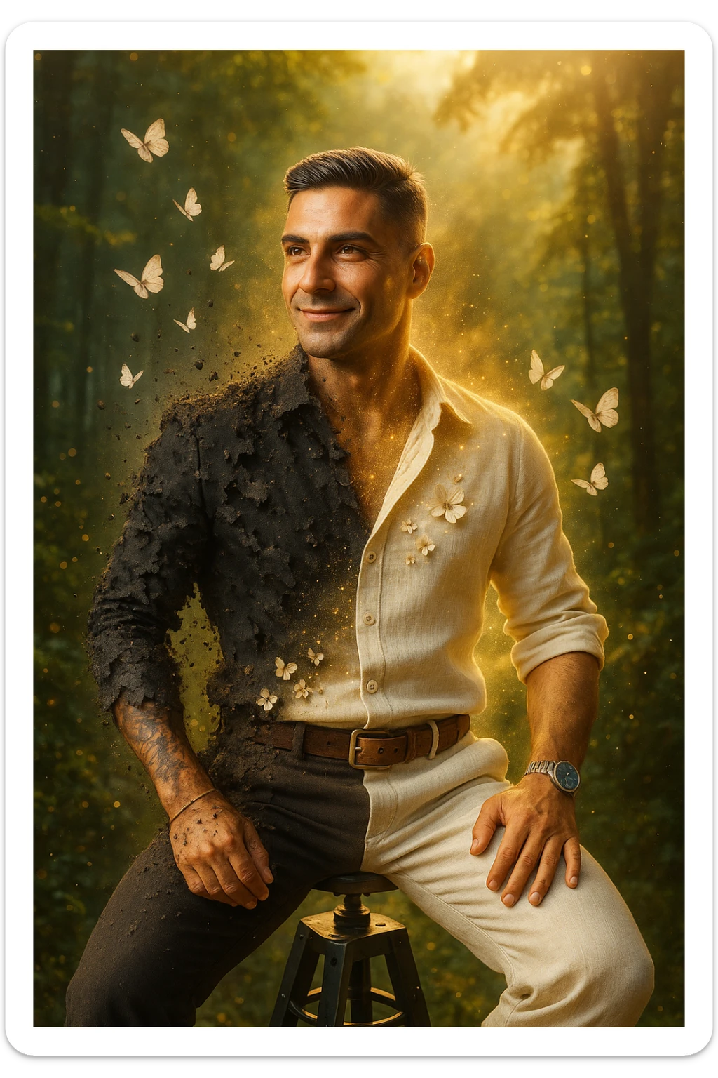 Trasformazione cinematografica: uomo d'affari in giacca sintetica nera che si sfalda come cenere, mentre da dentro emerge una nuova versione di sé vestita di lino color avorio, farfalle che nascono dalle fibre di cotone biologico, petali di fiori che si trasformano in bottoni di madreperla, capelli che diventano più folti e luminosi al contatto con tessuti naturali, pelle che letteralmente respira vapore dorato, city background che si trasforma in foresta rigogliosa, slow motion epico con particelle di luce danzanti sticker