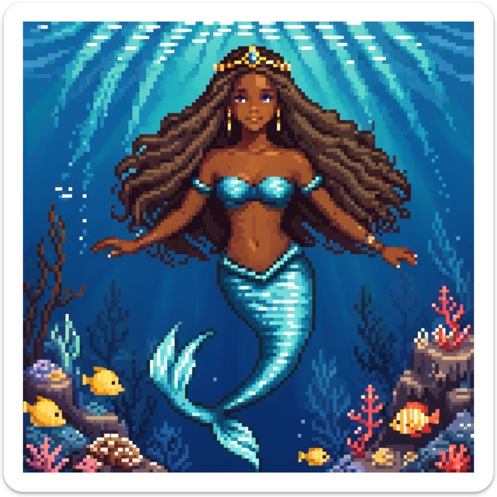 Dark brown skin mermaid princess with long flowing hair and royal accessories in deep blue ocean sticker
