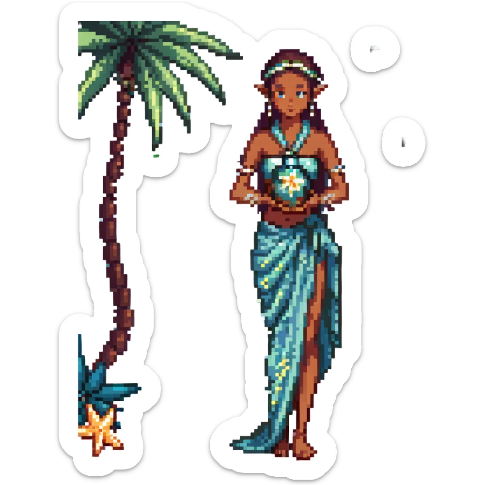 elf female Sarong with bioluminescent embroidery, armful of starfish, hair in a braid with pearl pins sticker