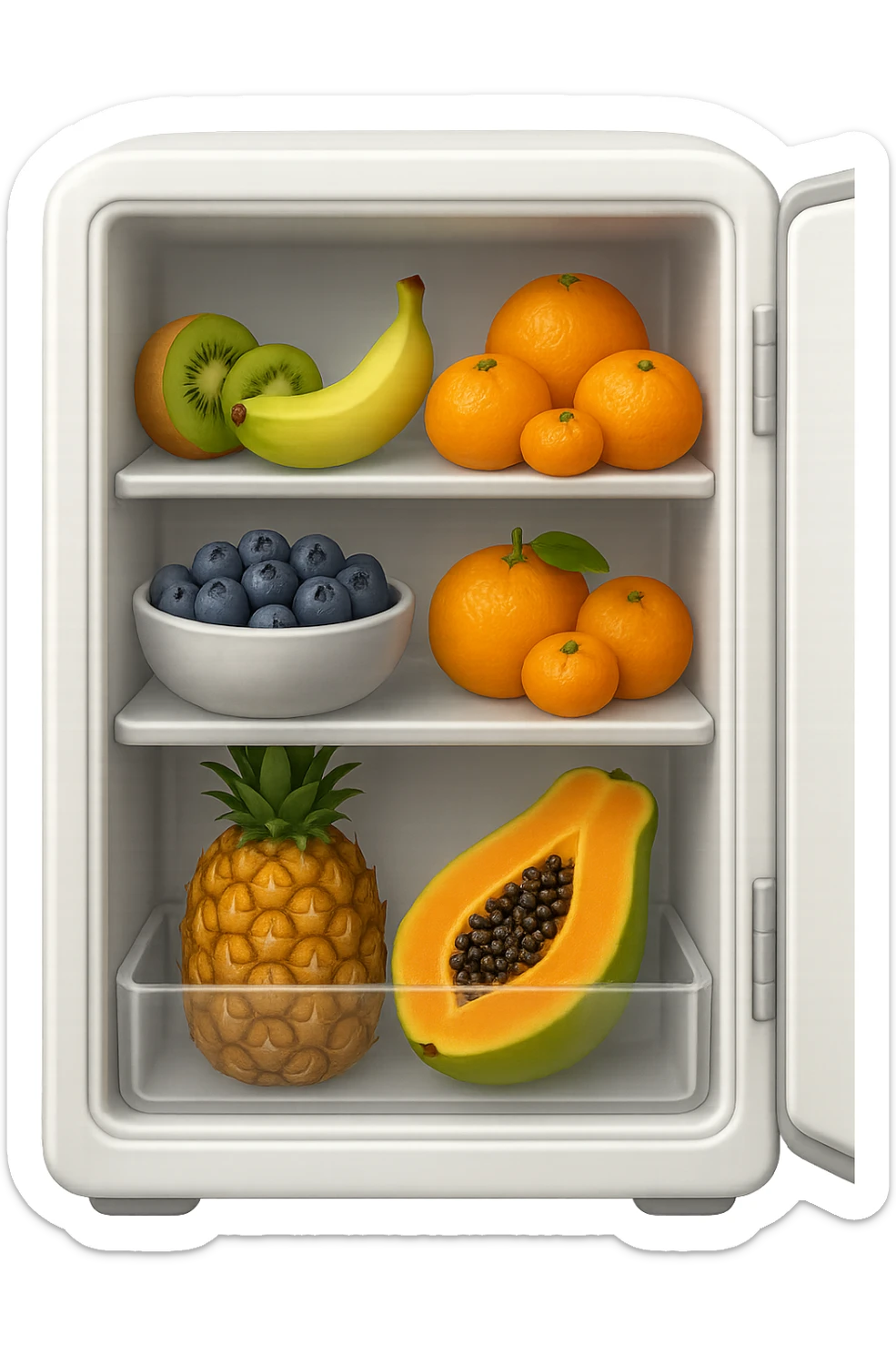 emoji stile iphone di un frigo aperto con dentro ben visibili questi alimenti: Kiwi
Banana acerba
Arance e mandarini
Mirtilli
Ananas
Papaya
IPERREALISTICO 4K sticker