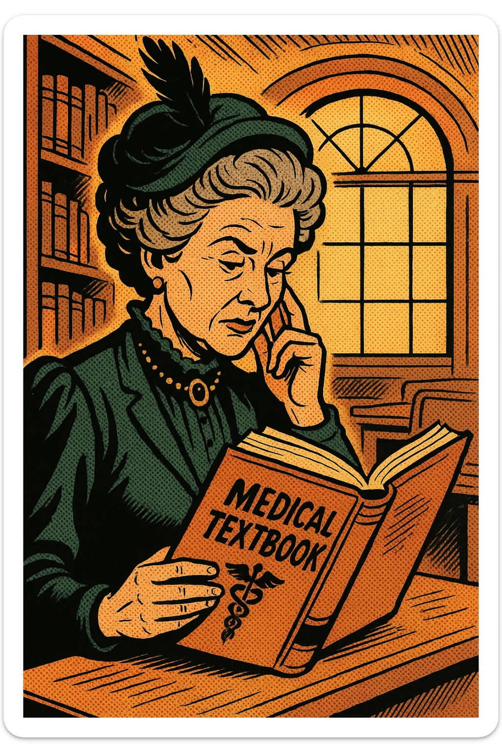A wealthy victorian women in her 50s reading a medical text book in a university sticker