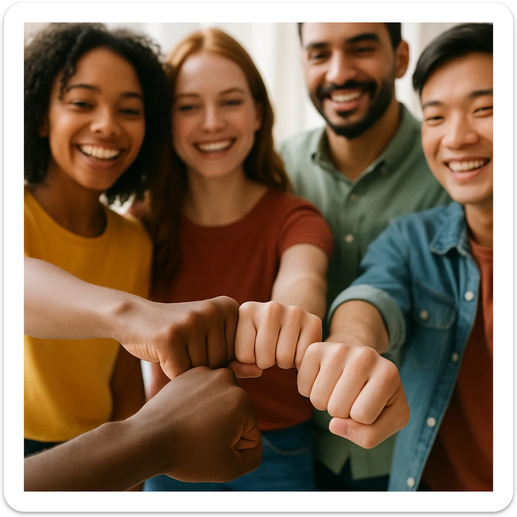 diverse group of friends making a fist bump, hands of different skin tones, unity and friendship sticker