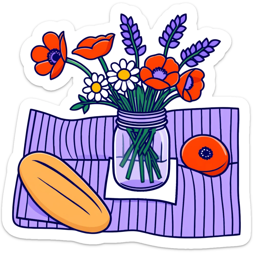wildflower bouquet with daisies, poppies and lavender arranged in a mason jar on a picnic blanket with bread and fruit sticker