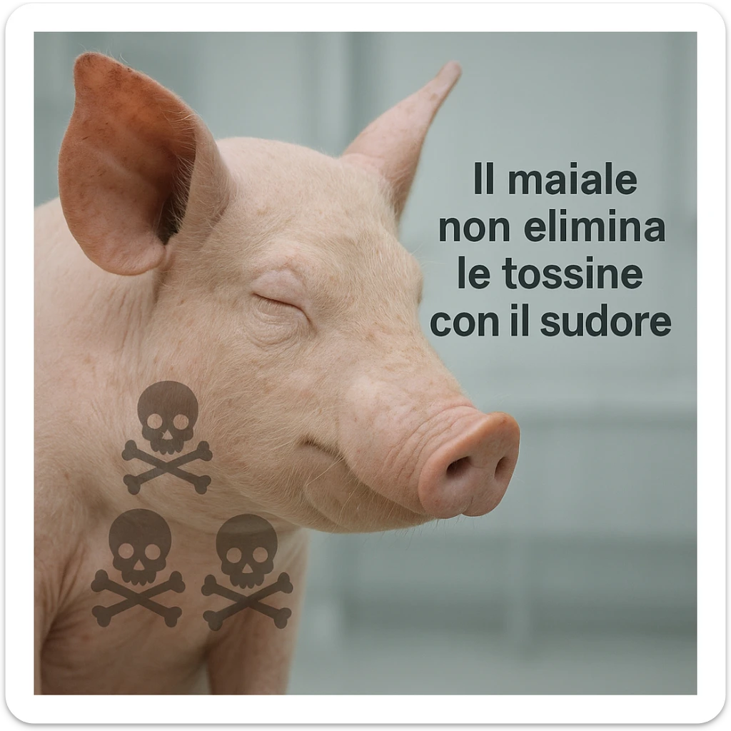 close-up of a pig with dry skin and closed pores, toxin symbols visible inside the body, clinical atmosphere, Italian text: 'Il maiale non elimina le tossine con il sudore', 4K quality sticker