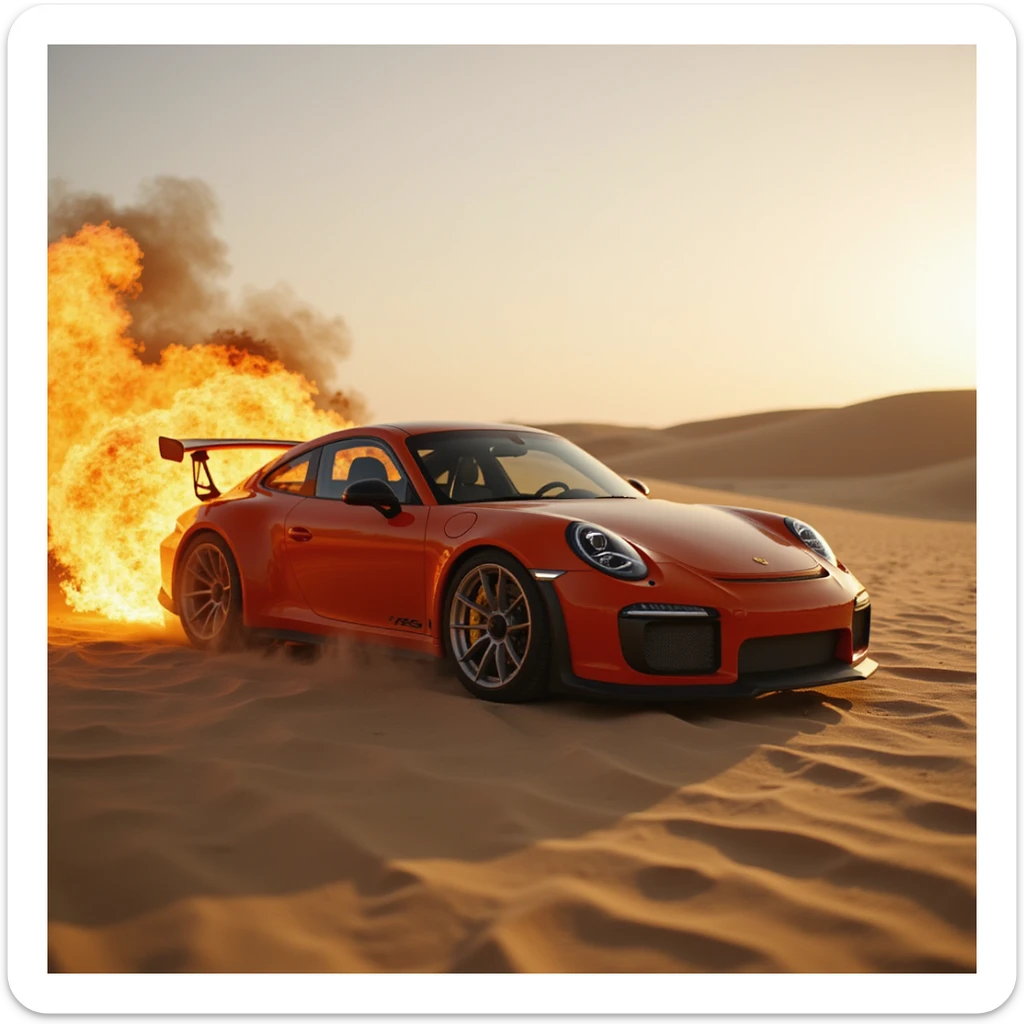 Cinematic shot, Porsche 911 gt3 rs in fire, desert, sunny day, dubai in background sticker