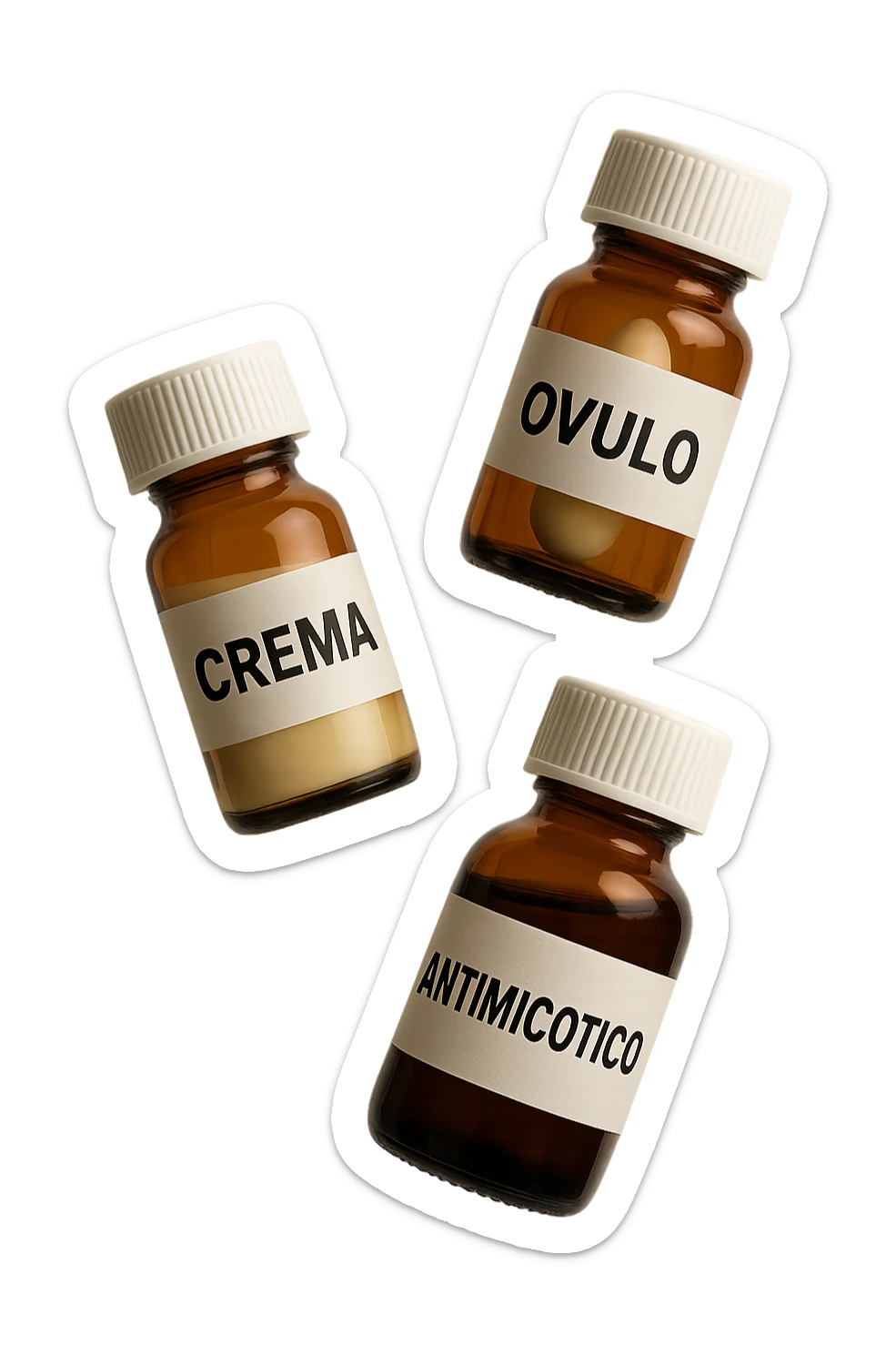 boccette di farmaci fluttuano in aria con le scritte: crema, ovulo o antimicotico in italiano sulle etichette, IPERREALISTICO 4K sticker