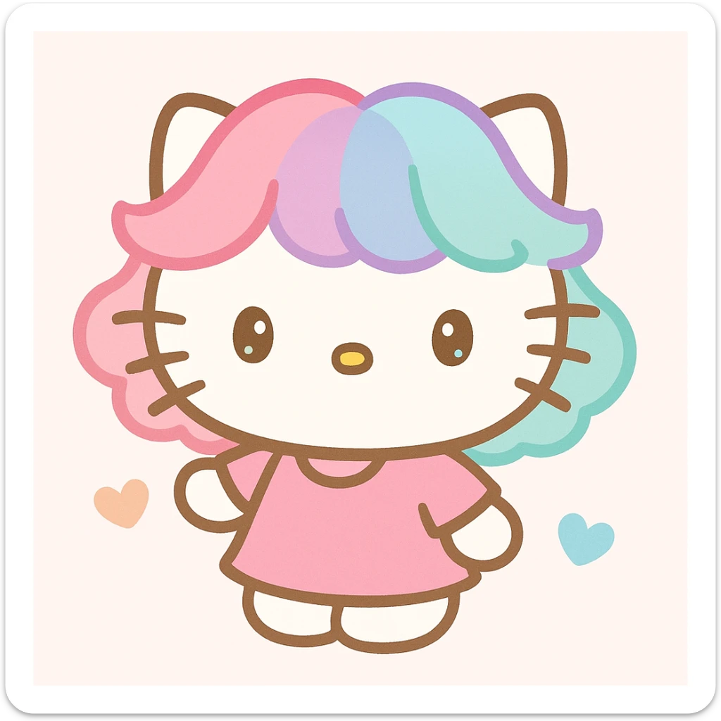 Hello Kitty style white cat wearing a pink or colorful wig, cute and playful, simple background sticker