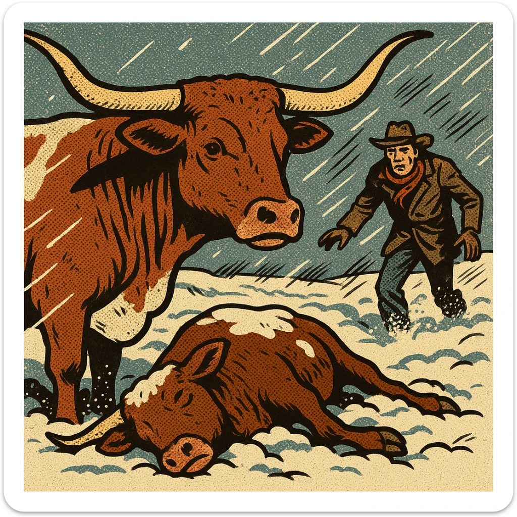 Texas Longhorn cattle stuck in the thick snow on the Great Plains with a dead cow on the floor. In the background is a desperate looking cowboy searching for the cattle in freezing temperatures. sticker