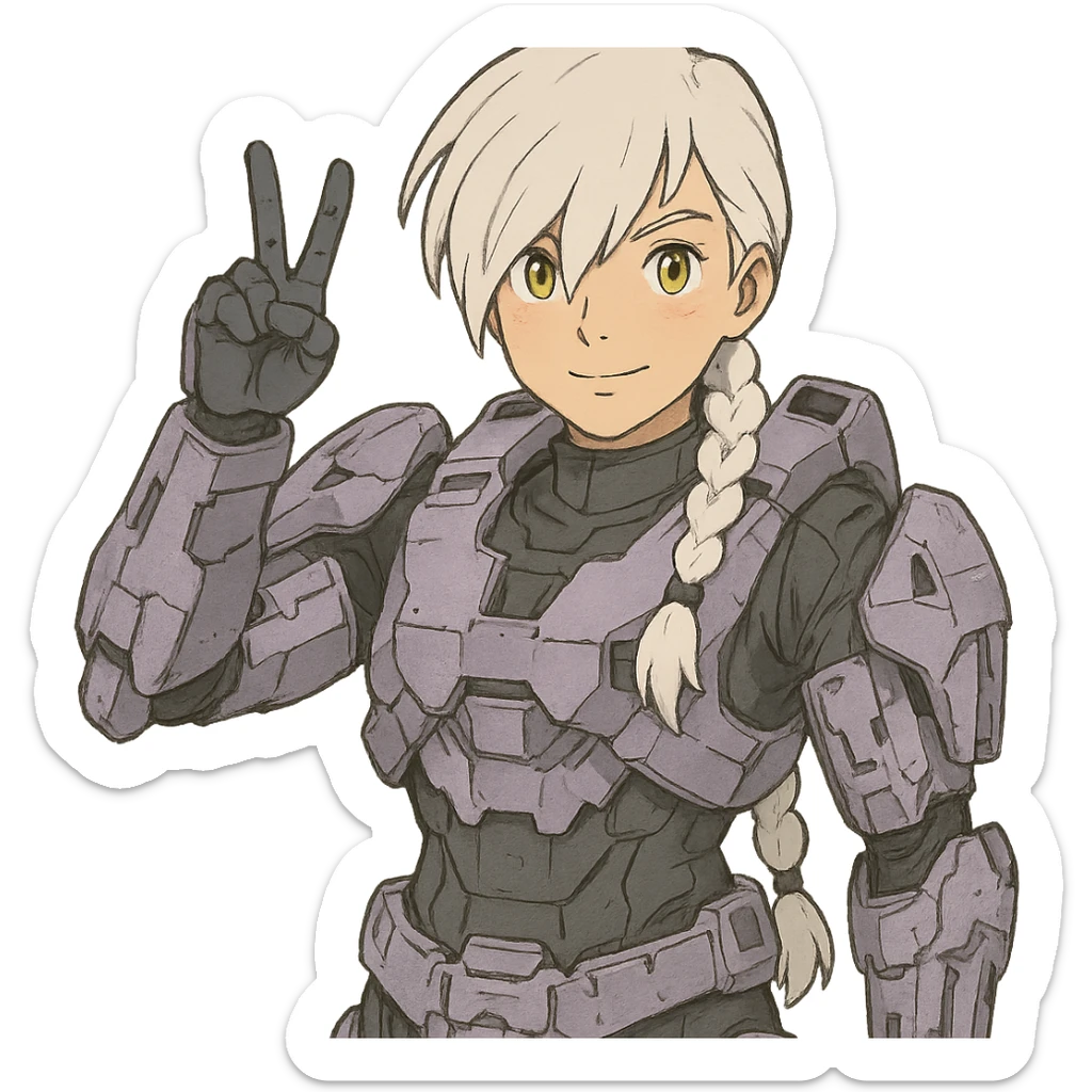 victory salute, female, wearing reach spartan armor shoulder-unequip, long white braid hair with massive messy front side single bangs, gold yellow eyes, attention pose, D-cup size, HALO:series, no helmet, the armor is lavender color scheme, sticker