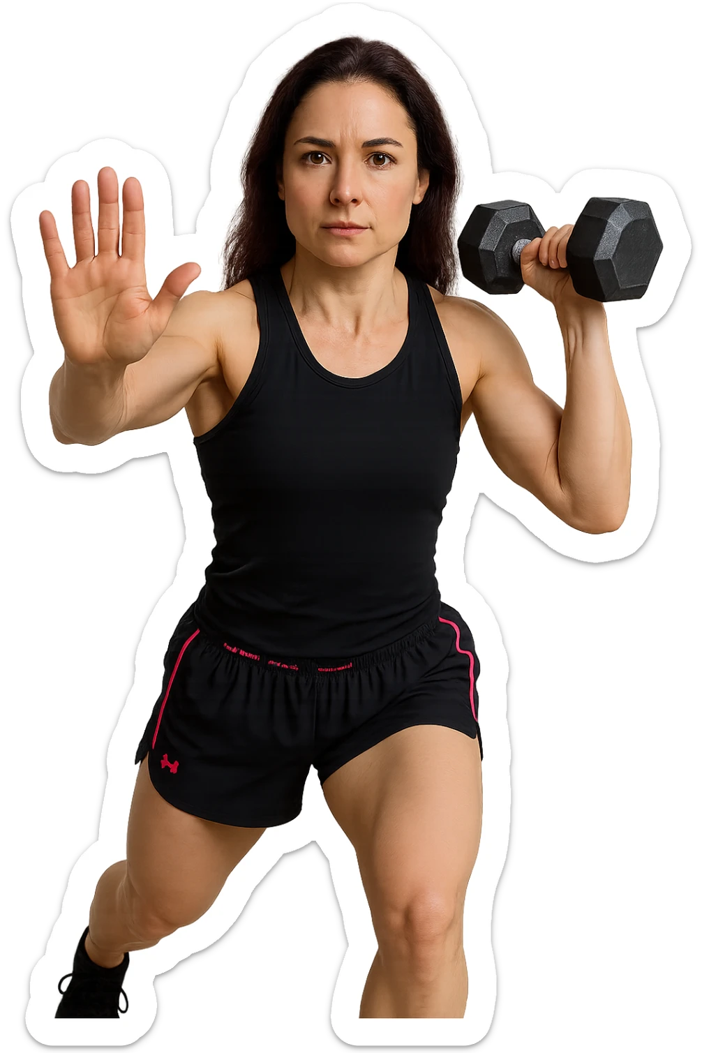 Allenamento ad alta intensità donna mentre fa pesi con in mano due manubri sticker