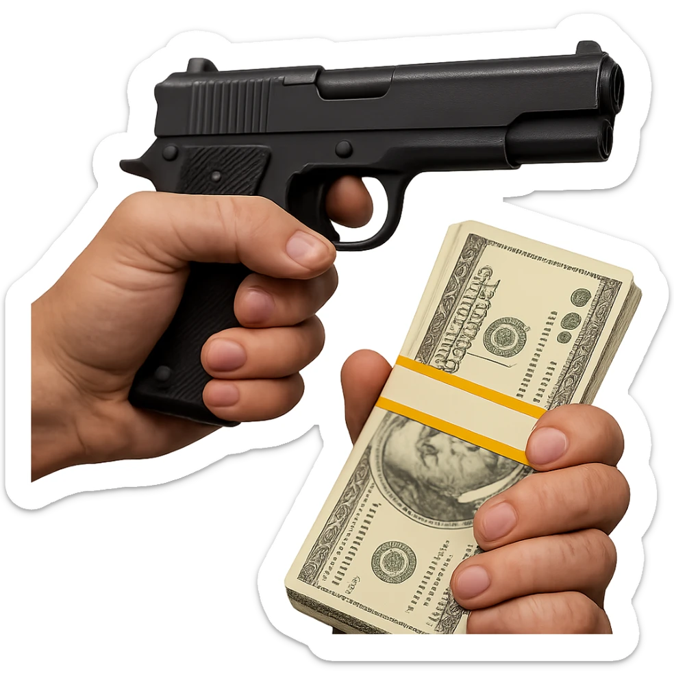 Make the emoji of a hand holding money and a pistol, inspired by Albanian mafia culture, more realistic with detailed realism. No background. sticker