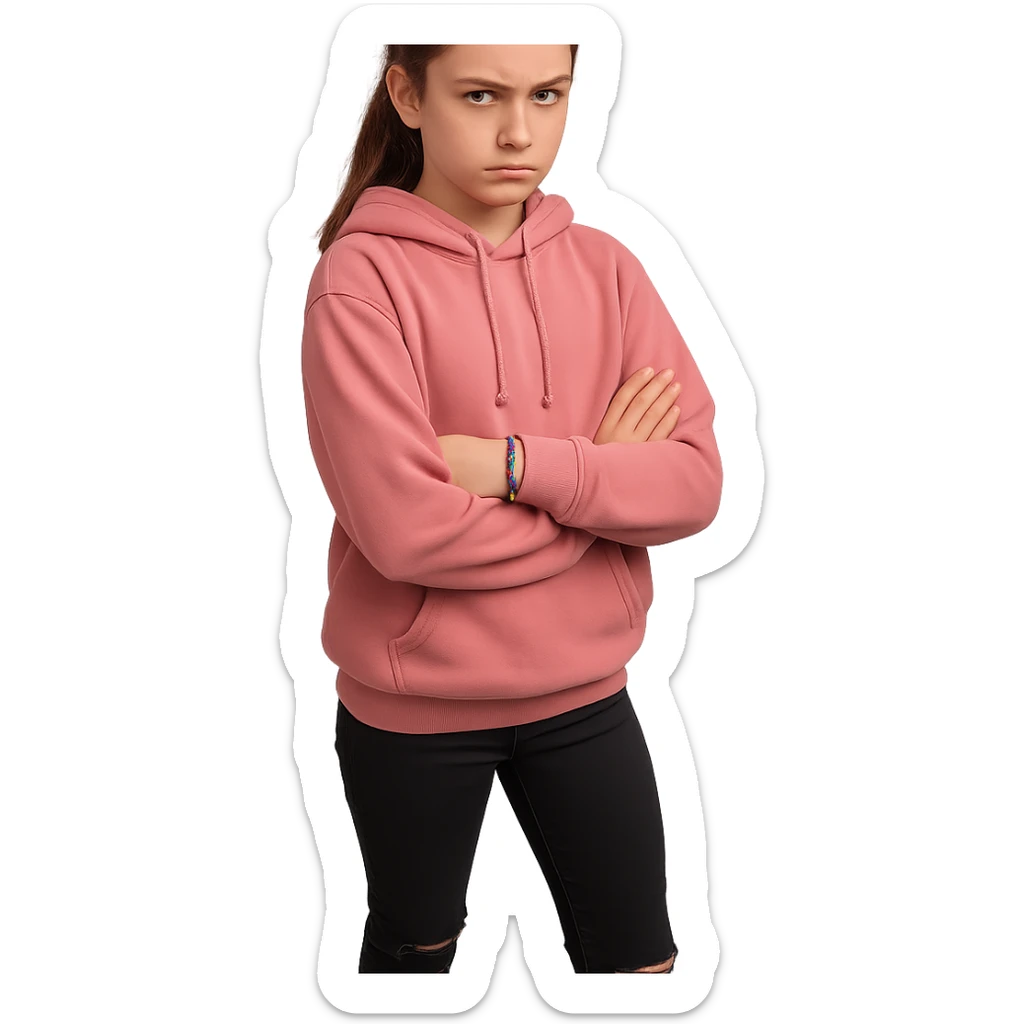 13-year-old girl with chestnut brown hair in a ponytail, hazel eyes, wearing pink hoodie, black ripped jeans, white high-top sneakers, beaded friendship bracelet, sharp suspicious look sticker
