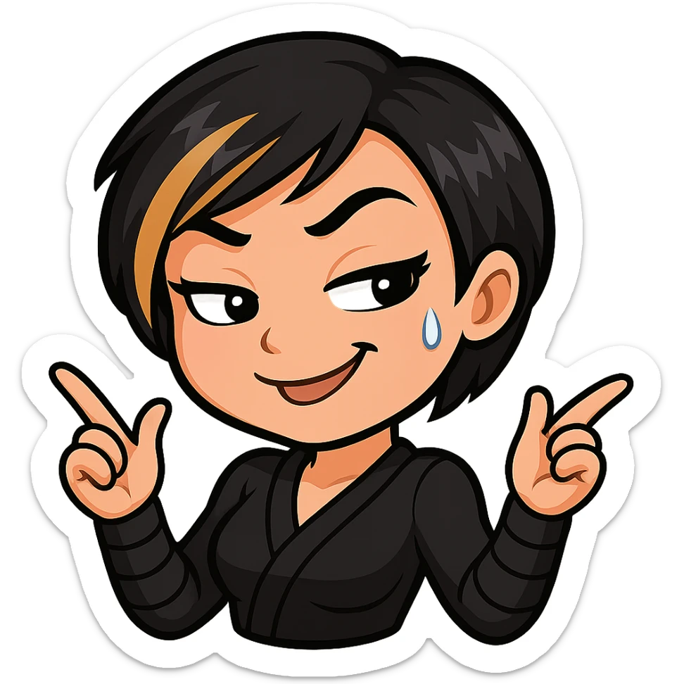 Sexy chibi ninja girl with black short hair and a blonde streak, only head and arms, colorful chibi style with bold outlines, transparent background, no mask, smug grin with a little sweat drop and a teasing expression, sized for Twitch emoji use. sticker