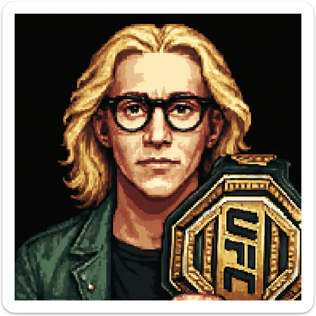 Add a UFC championship belt visible in the close-up in pixel art style, maintaining the pixel art style. sticker