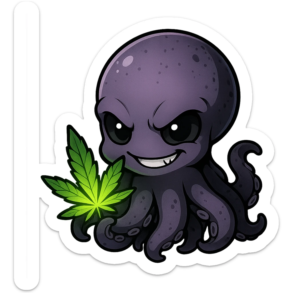 cute small anime kraken with a mischievous grin, holding a glowing green ganja leaf, darknet and drugs theme sticker