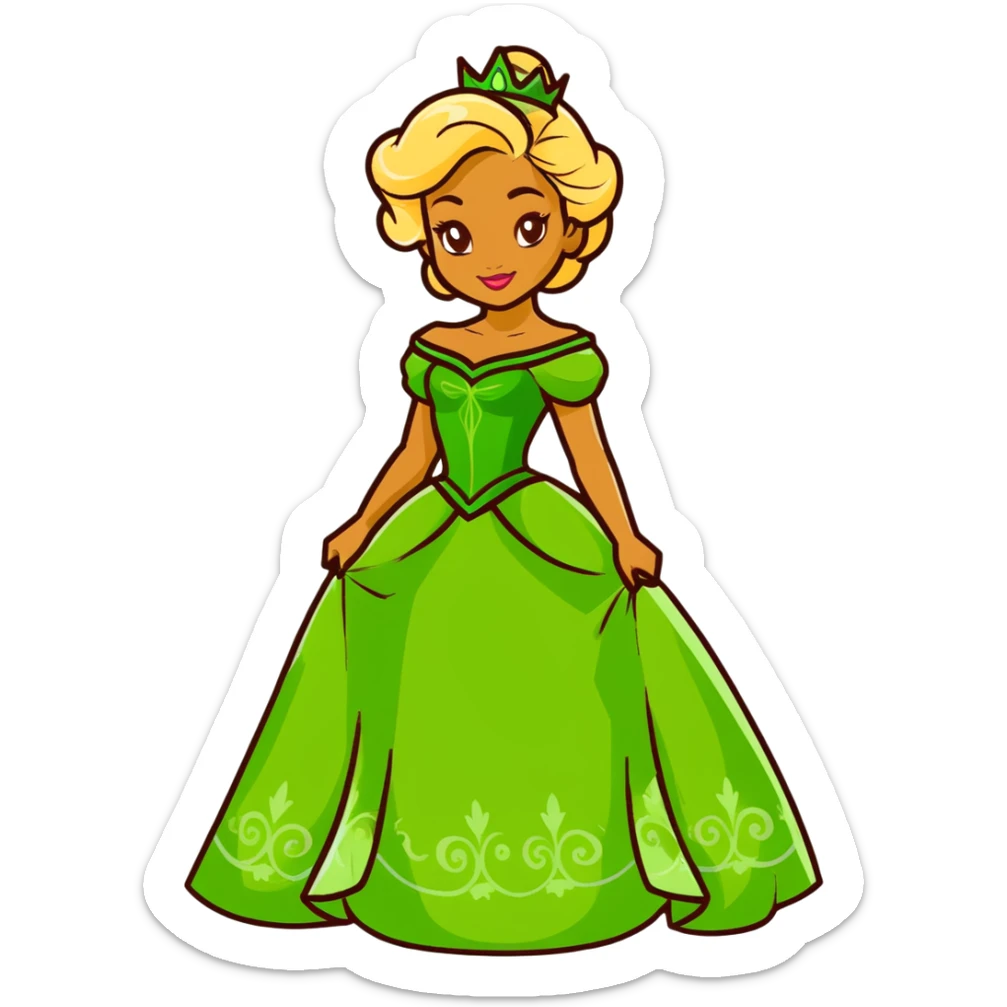 Disney Princess Tiana with super long blonde curly hair, green princess dress sticker