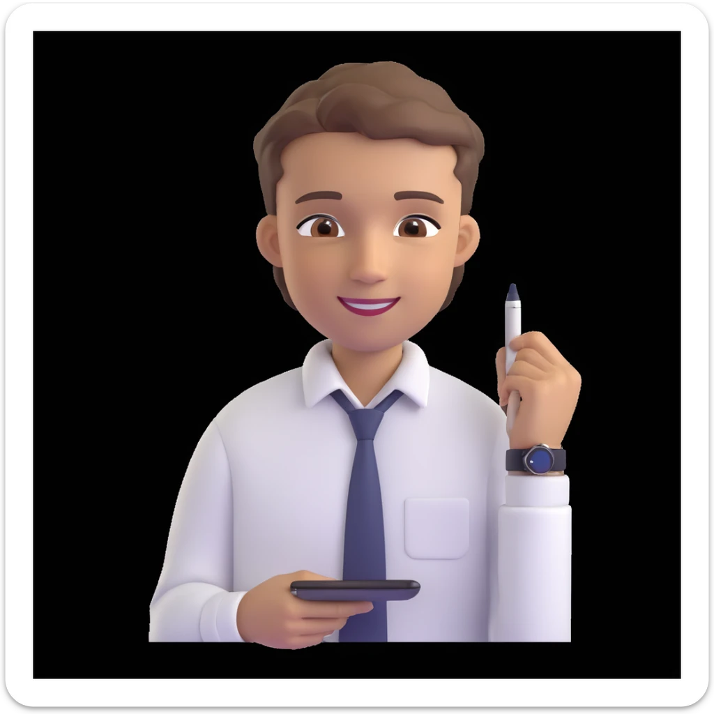 apple-style 3D emoji avatar of a fair, handsome young man with light brown hair, brown eyes, bright smile, wearing white button-up shirt, digital pen behind one ear, smartwatch, creative tech-savvy vibe, dark background sticker