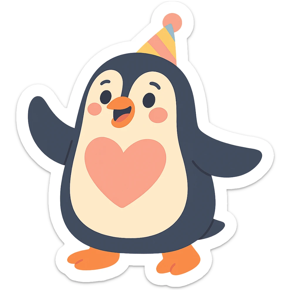 large penguin wearing a party hat with a large heart on its chest in pastel-toon style sticker