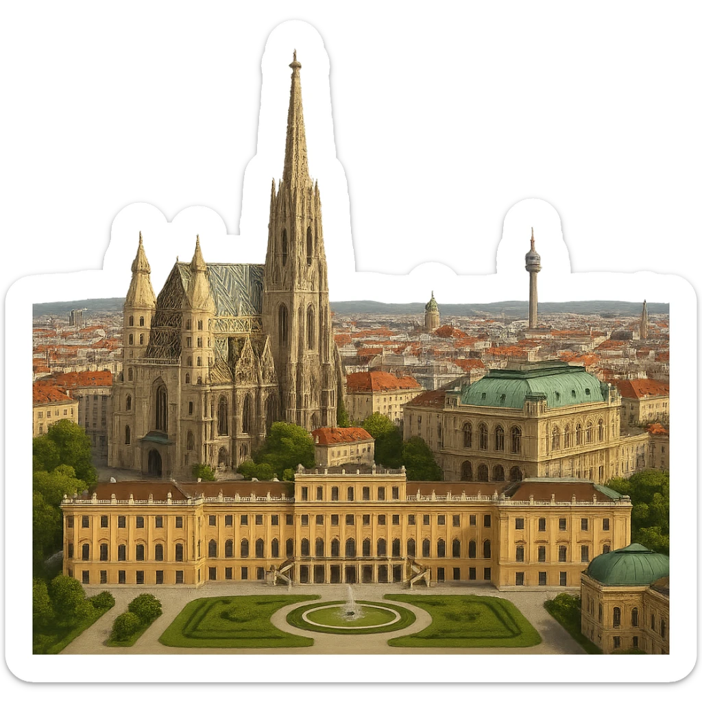 cinematic, realistic emoji of Vienna, wide city view with iconic landmarks including St. Stephen's Cathedral, Schönbrunn Palace, Vienna State Opera, Danube Tower, lifelike detail, accurate colors, bright daytime lighting, no sky, no clouds, fully transparent background sticker