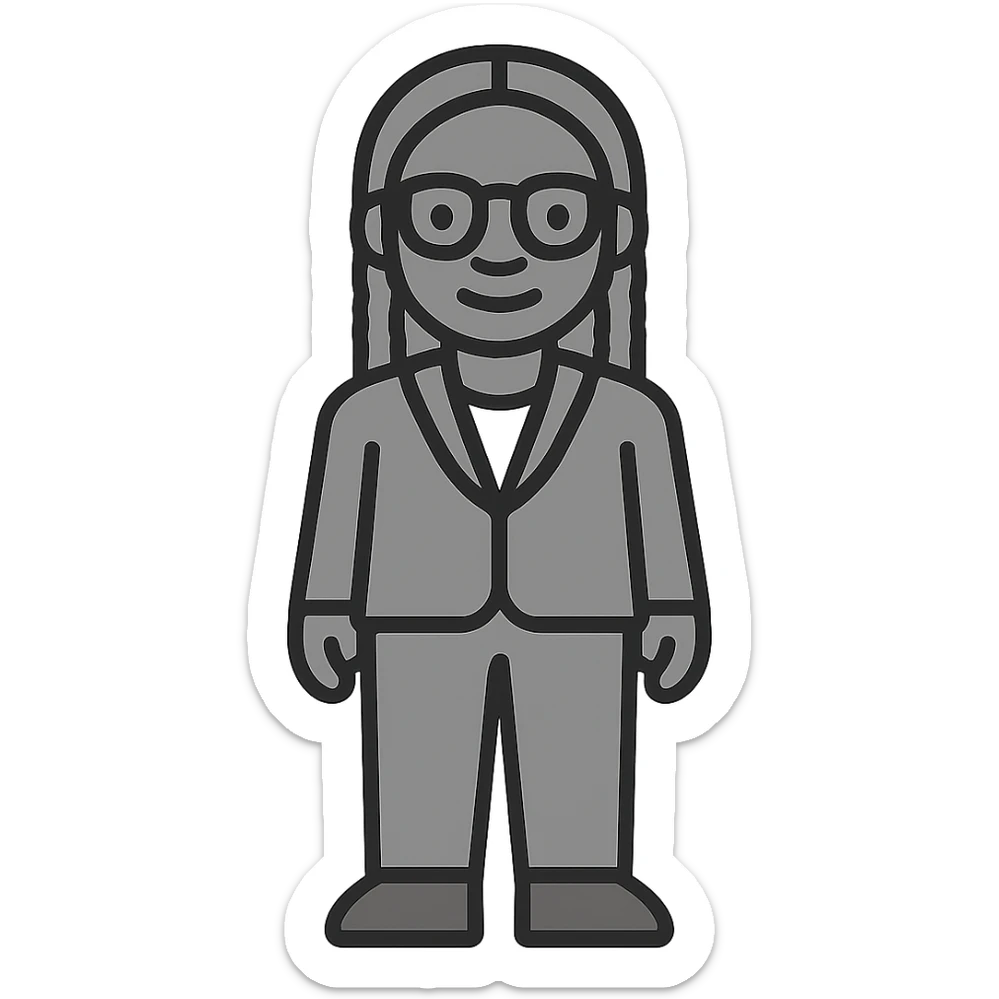 Add a business suit to Kemi Badenoch, full body, standing, in a minimal flat style with transparent background. sticker