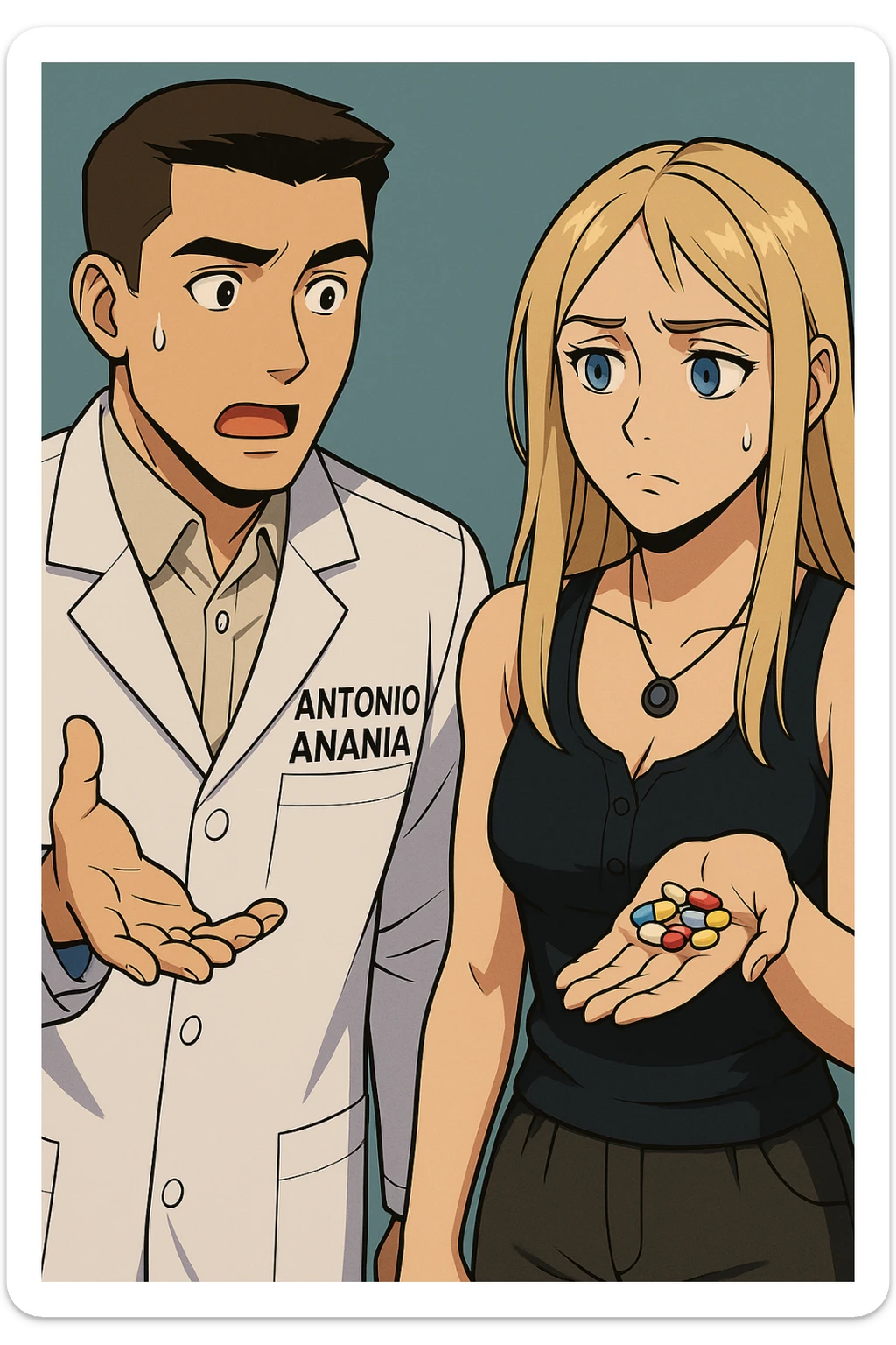 fai un webtoon/manga a colori con questo kinesiologo in camice bianco (fagli la scritta "ANTONIO ANANIA" SUL CAMICE) CHE PARLA CON QUESTA RAGAZZA CON GLI OCCHI AZZURRI. LA RAGAZZA HA UN PUGNO DI INTEGRATORI IN MANO (TANTE PILLOLE DIVERSE) E LE GUARDA DUBBIOSA. IL KINESIOLOGO CON IL CAMICE BIANCO LE DOMANDA UNA COSA SCIOCCATO. NON FARE I FUMETTI, FAI SOLO LORO COME SE DIALOGASSERO sticker