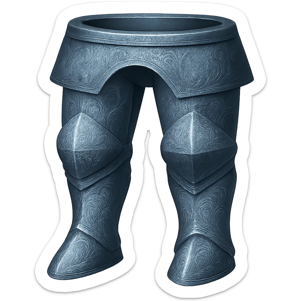Recolor these platelegs to match the blueish-gray steel color and ornate engravings of the reference helmet. Emphasize the cool metallic finish and detailed engravings, matching the helmet exactly. Transparent background. sticker
