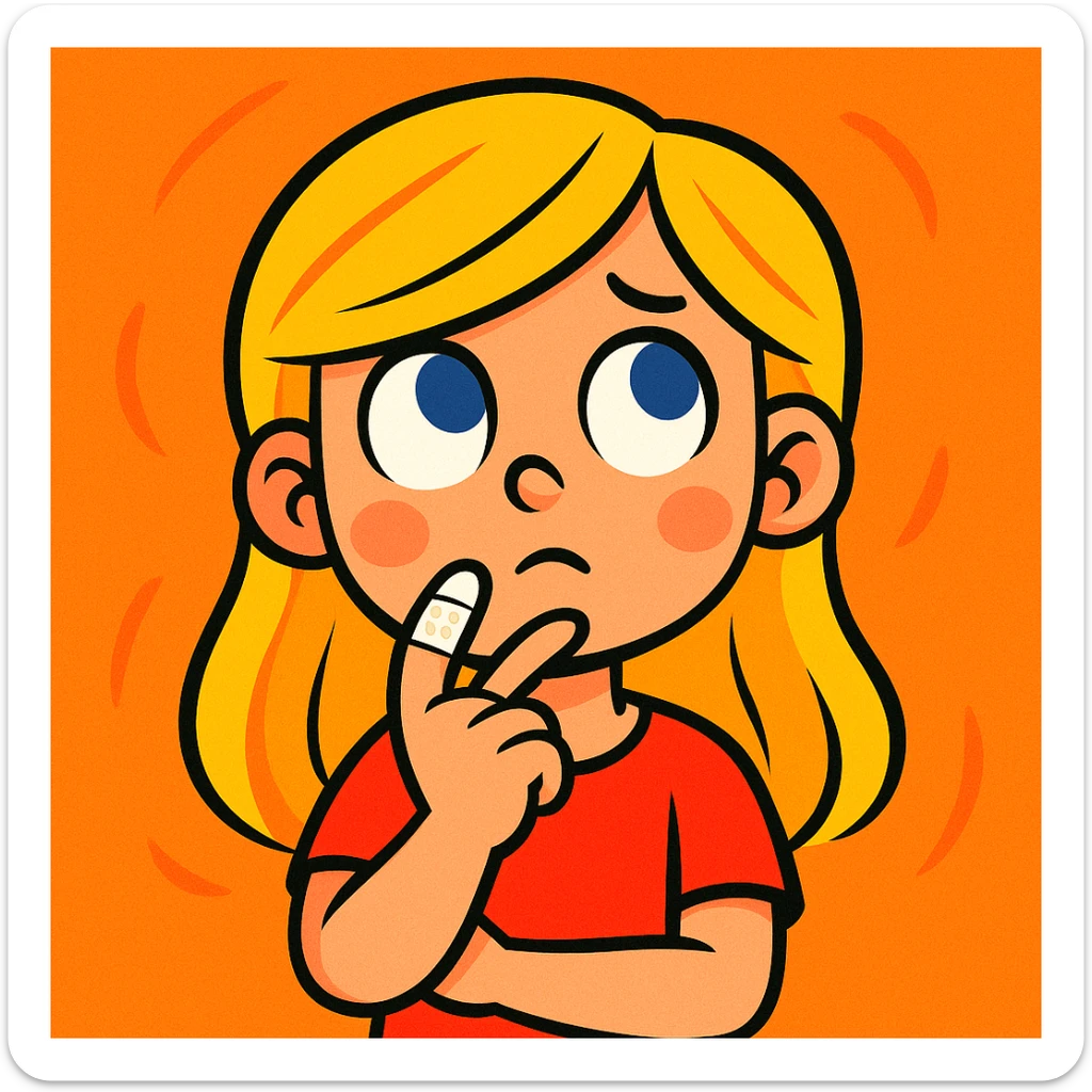 blonde-haired, blue-eyed, fair-skinned girl with a bandaged index finger, finger on chin, thinking, vibrant cartoon style sticker