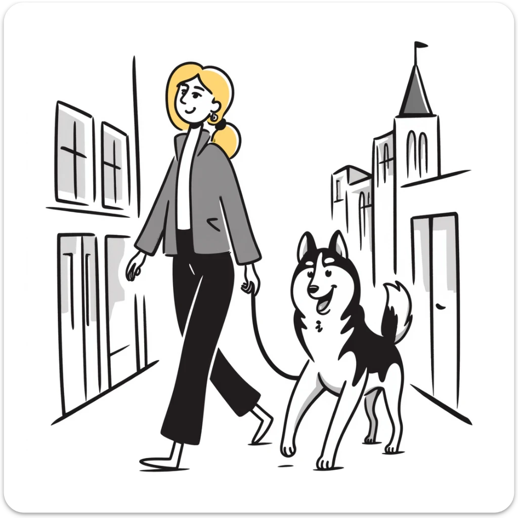 Blonde woman walking a happy Siberian husky in New York City on an upper east side city sidewalk  sticker