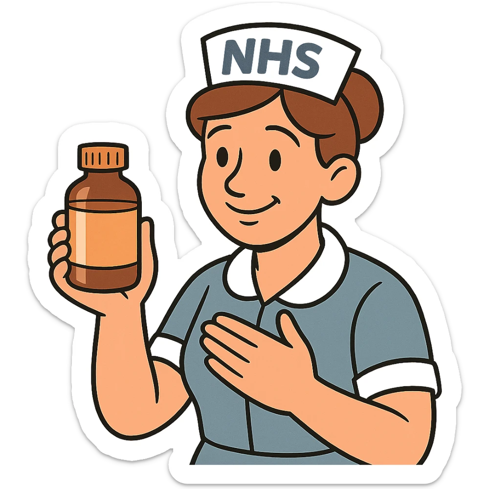 A nurse wearing a nurses hat with the letters NHS written on the hat.  The nurse looks caring and is holding a medicine bottle sticker