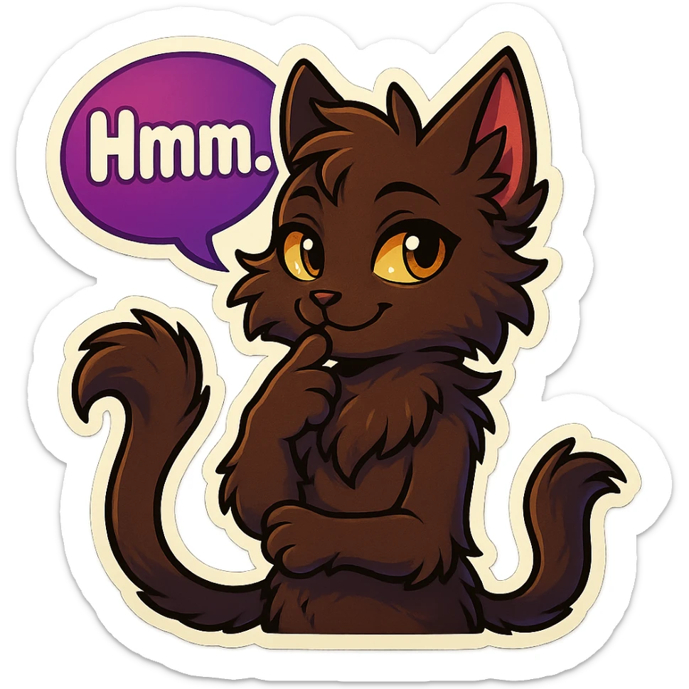 a dark-brown fluffy cute kawaii anthropomorphic furry anime cat-furry with tufted ears, golden eyes, and a long thin tufted tail, thinking, smirking thoughtfully, saying “Hmm..” with a purple speech bubble, (cartoon style) (cute anime style) (furry style) (deviantArt style) (artist style: Kamirah) sticker