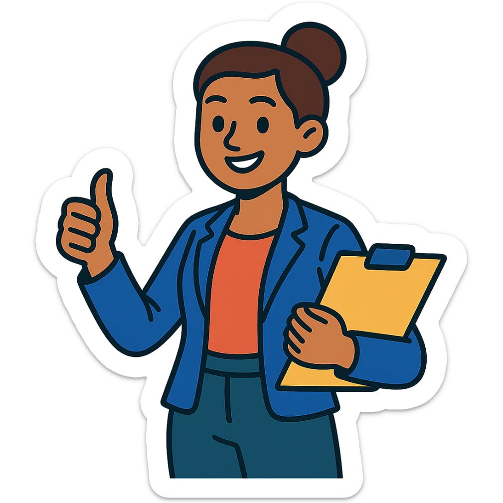 a cheerful and confident female project manager in a business casual outfit, smiling sticker