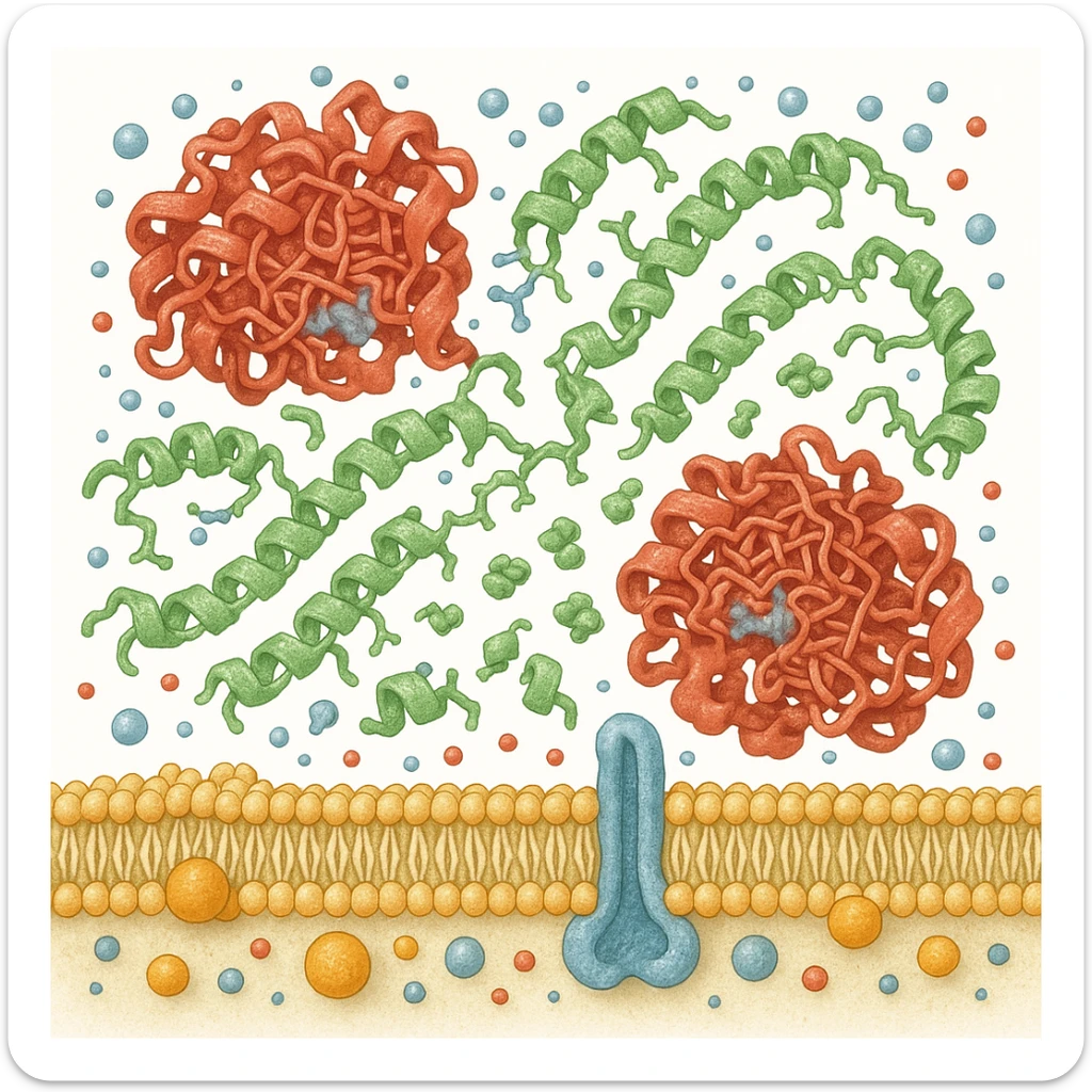 Ultra-realistic scientific illustration of enzymatic starch digestion at the cellular level, rendered in textbook-accurate detail. Show:

Multiple amylase enzyme molecules (red, with clear tertiary structure showing alpha-helices and beta-sheets) actively cleaving
Starch polymers (green amylose/amylopectin with accurate glucose unit linkages - α(1→4) and α(1→6) branches)
Cell membrane segment (yellow phospholipid bilayer with integral proteins and cholesterol molecules)
Reaction environment (blue water molecules, ionic interactions, pH-sensitive groups)
Molecular interactions (hydrogen bonds, substrate-enzyme transition state, electron cloud textures)
Technical Specifications:

Style: Nature Journal-quality structural biology visualization
Lighting: Cryo-EM-like isosurface rendering with subtle ambient occlusion
Perspective: 150,000x magnification view
Background: Pure white (#FFFFFF)
Accuracy: PDB-level structural correctness (reference 1SMD for amylase)
Exclusions: No labels, no cartoon simplifications
Special Details to Include:

Catalytic triad (Asp197, Glu233, Asp300) in amylase active site
Starch helix distortion during hydrolysis
Membrane protein channels for glucose transport sticker