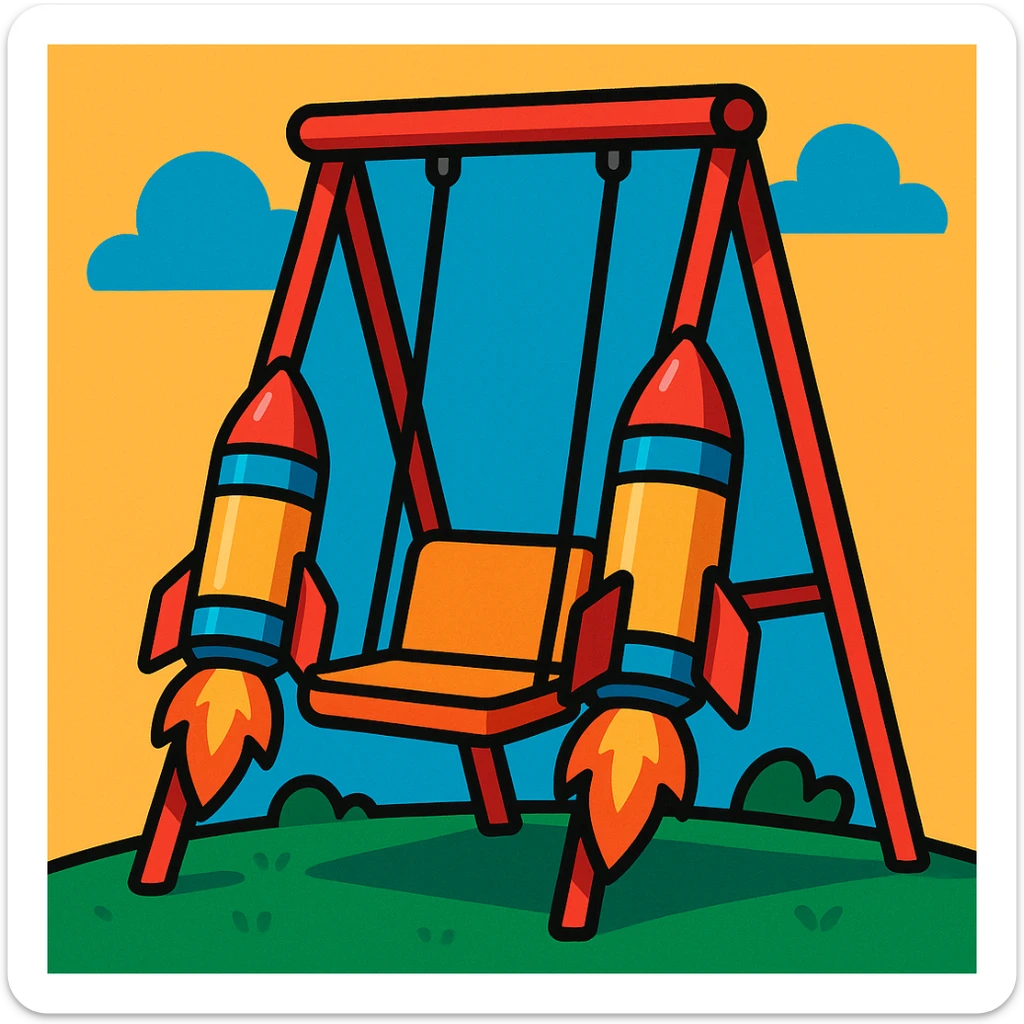 a swing with rockets attached to the side of the seat, playful and imaginative, vibrant toon style sticker