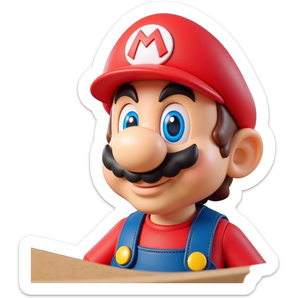 a worker in factoryA 3D-rendered head of a character inspired by Super Mario, facing slightly from front-left to right. The head should include his signature red cap with an ‘M’, large round nose, thick mustach sticker